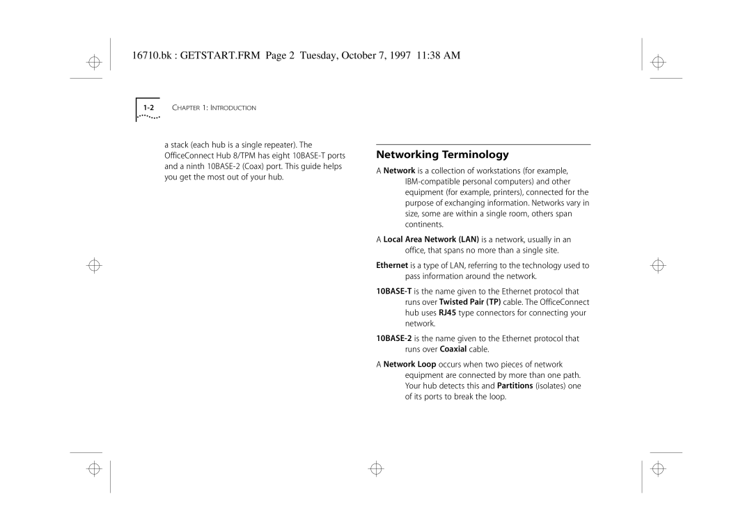 3Com 3C16710 manual Networking Terminology, Bk GETSTART.FRM Page 2 Tuesday, October 7, 1997 1138 AM 