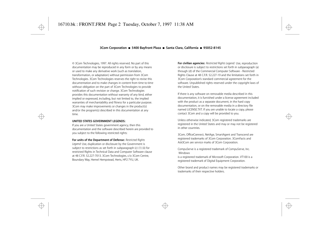 3Com 3C16710 manual Bk FRONT.FRM Page 2 Tuesday, October 7, 1997 1138 AM, United States Government Legends 