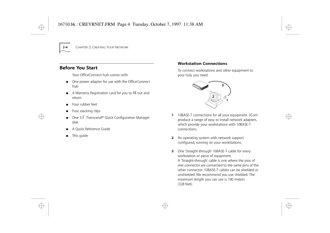 3Com 3C16710 Before You Start, Bk CREYRNET.FRM Page 4 Tuesday, October 7, 1997 1138 AM, Workstation Connections, Feet 