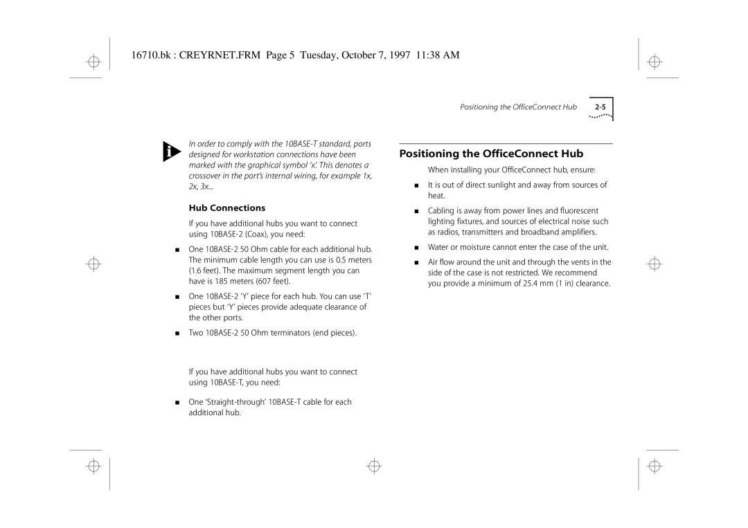 3Com 3C16710 Positioning the OfficeConnect Hub, Bk CREYRNET.FRM Page 5 Tuesday, October 7, 1997 1138 AM, Hub Connections 