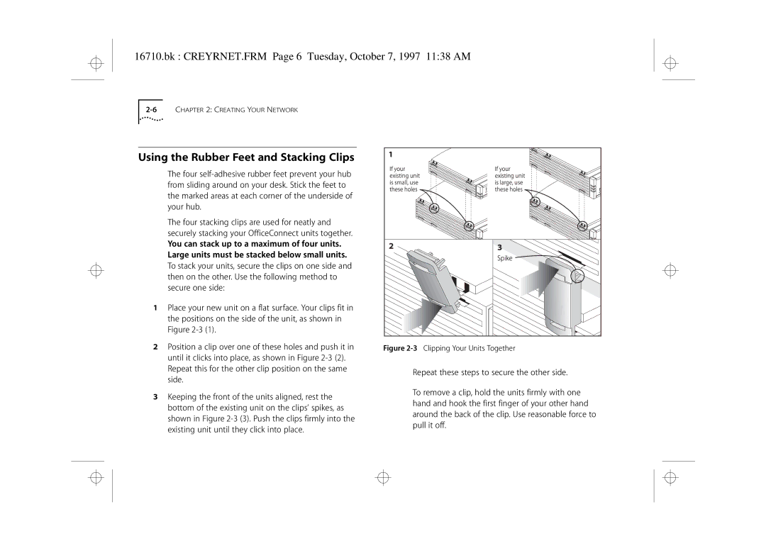 3Com 3C16710 manual Using the Rubber Feet and Stacking Clips, Bk CREYRNET.FRM Page 6 Tuesday, October 7, 1997 1138 AM 