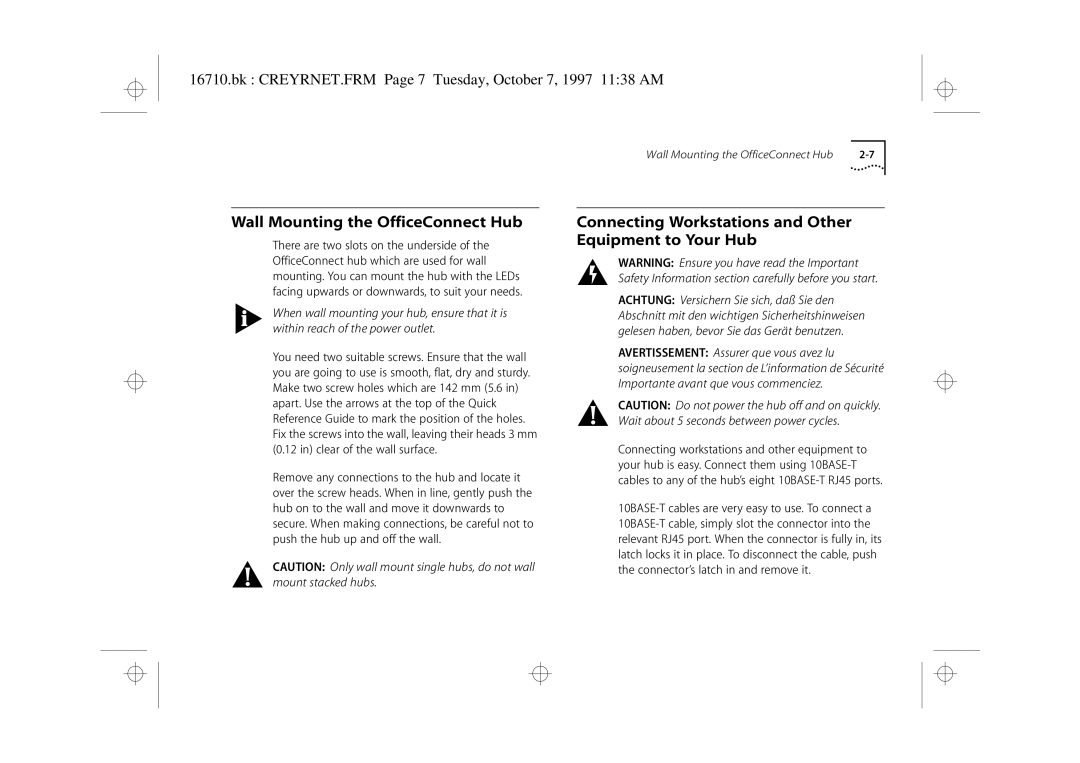 3Com 3C16710 manual Wall Mounting the OfficeConnect Hub, Connecting Workstations and Other Equipment to Your Hub 