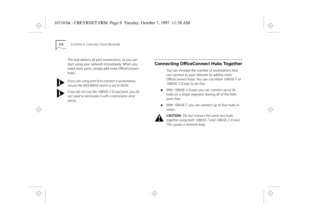 3Com 3C16710 manual Connecting OfficeConnect Hubs Together, Bk CREYRNET.FRM Page 8 Tuesday, October 7, 1997 1138 AM 