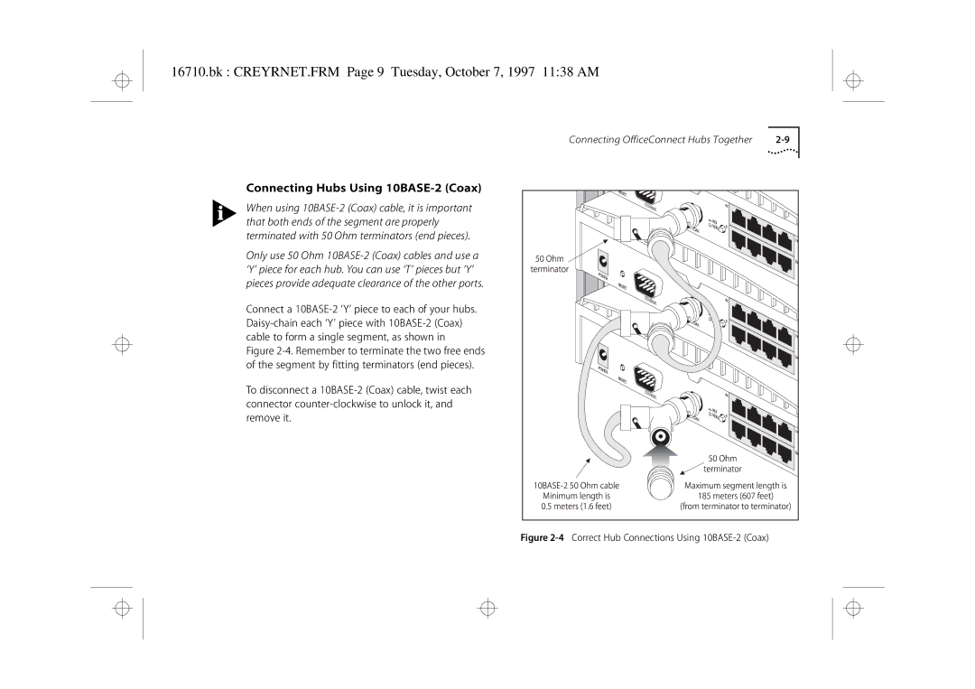 3Com 3C16710 manual Bk CREYRNET.FRM Page 9 Tuesday, October 7, 1997 1138 AM, Connecting Hubs Using 10BASE-2 Coax 