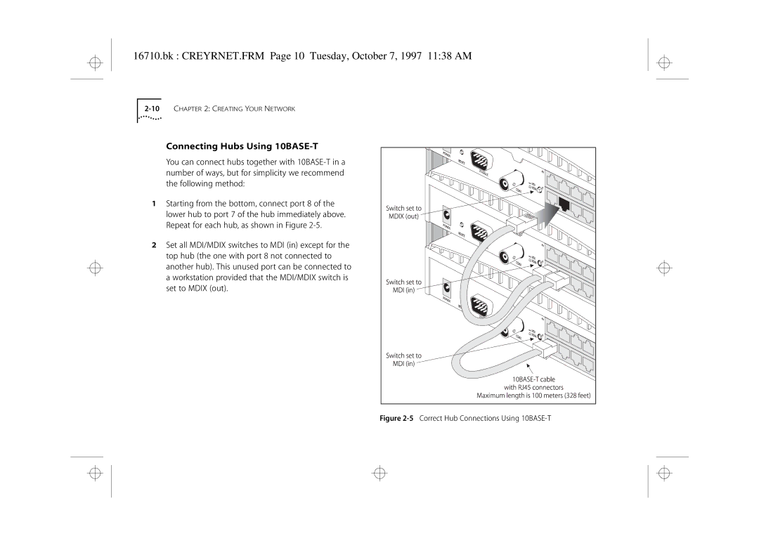 3Com 3C16710 manual Bk CREYRNET.FRM Page 10 Tuesday, October 7, 1997 1138 AM, Connecting Hubs Using 10BASE-T 