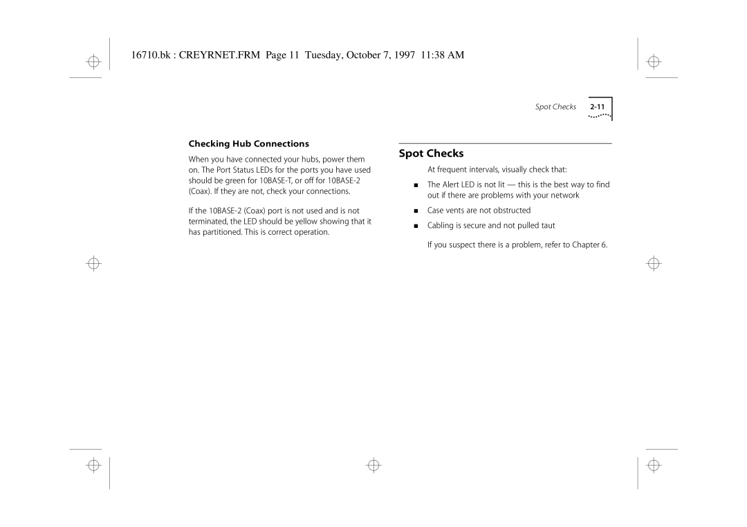 3Com 3C16710 manual Spot Checks, Bk CREYRNET.FRM Page 11 Tuesday, October 7, 1997 1138 AM, Checking Hub Connections 