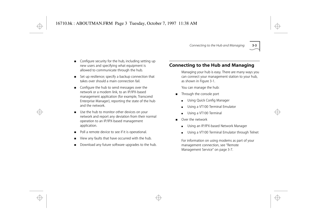 3Com 3C16710 manual Connecting to the Hub and Managing, Bk ABOUTMAN.FRM Page 3 Tuesday, October 7, 1997 1138 AM 