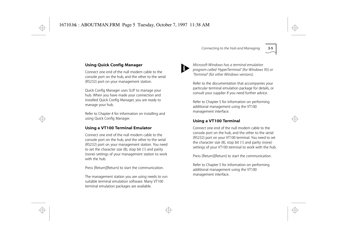 3Com 3C16710 Bk ABOUTMAN.FRM Page 5 Tuesday, October 7, 1997 1138 AM, Using Quick Config Manager, Using a VT100 Terminal 
