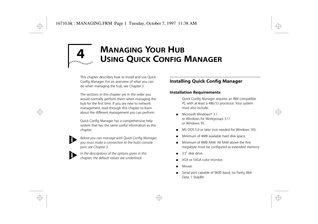 3Com 3C16710 Managing Your HUB, Installing Quick Config Manager, Bk MANAGING.FRM Page 1 Tuesday, October 7, 1997 1138 AM 