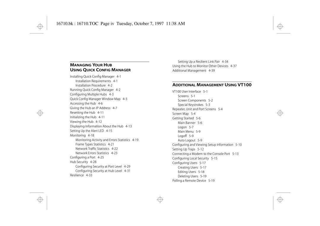 3Com 3C16710 manual Bk 16710.TOC Page iv Tuesday, October 7, 1997 1138 AM, Managing Your HUB Using Quick Config Manager 