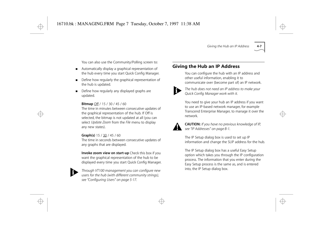 3Com 3C16710 manual Giving the Hub an IP Address, Bk MANAGING.FRM Page 7 Tuesday, October 7, 1997 1138 AM 