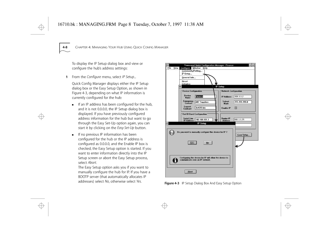 3Com 3C16710 manual Bk MANAGING.FRM Page 8 Tuesday, October 7, 1997 1138 AM, IP Setup Dialog Box And Easy Setup Option 