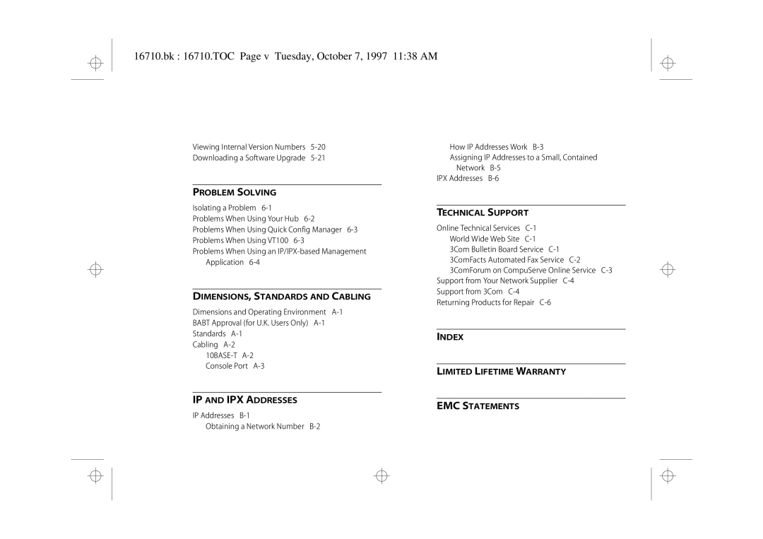 3Com 3C16710 manual Bk 16710.TOC Page v Tuesday, October 7, 1997 1138 AM, Problem Solving 