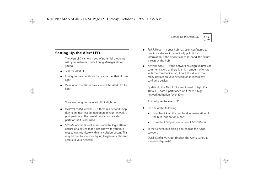 3Com 3C16710 manual Setting Up the Alert LED, Bk MANAGING.FRM Page 15 Tuesday, October 7, 1997 1138 AM 