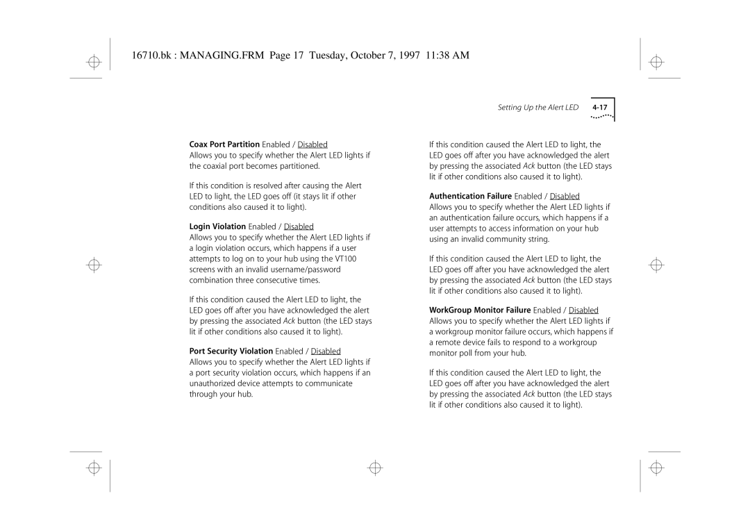 3Com 3C16710 manual Bk MANAGING.FRM Page 17 Tuesday, October 7, 1997 1138 AM, Authentication Failure Enabled / Disabled 