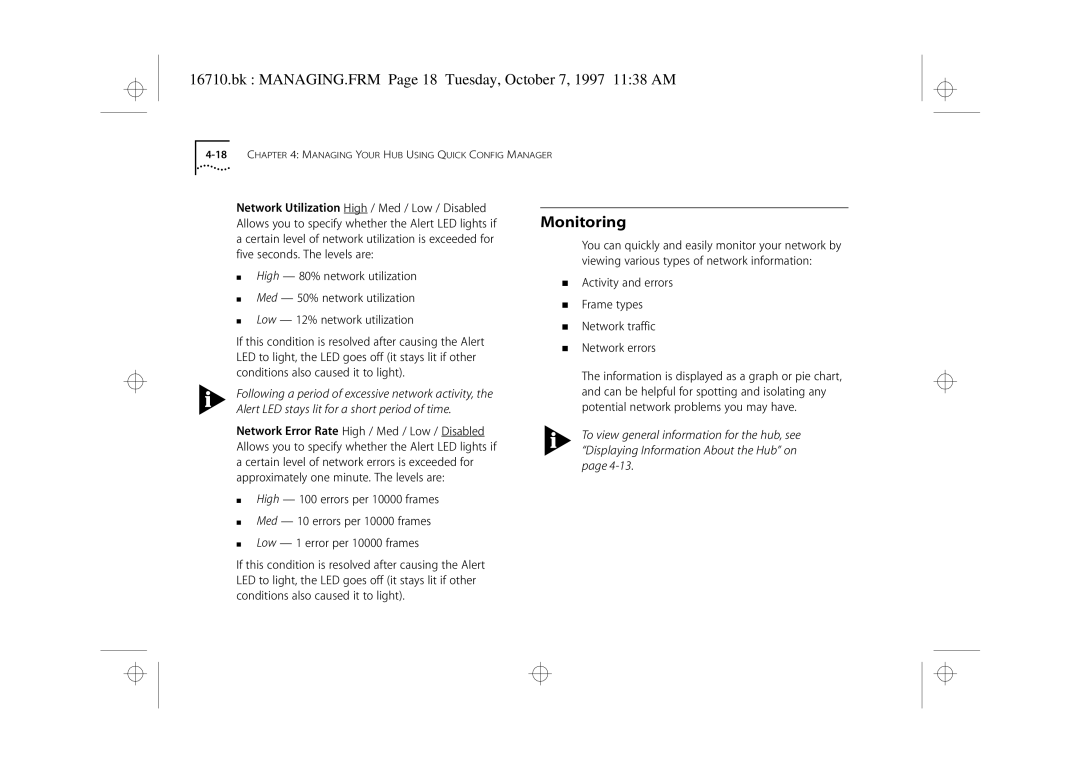 3Com 3C16710 manual Monitoring, Bk MANAGING.FRM Page 18 Tuesday, October 7, 1997 1138 AM 