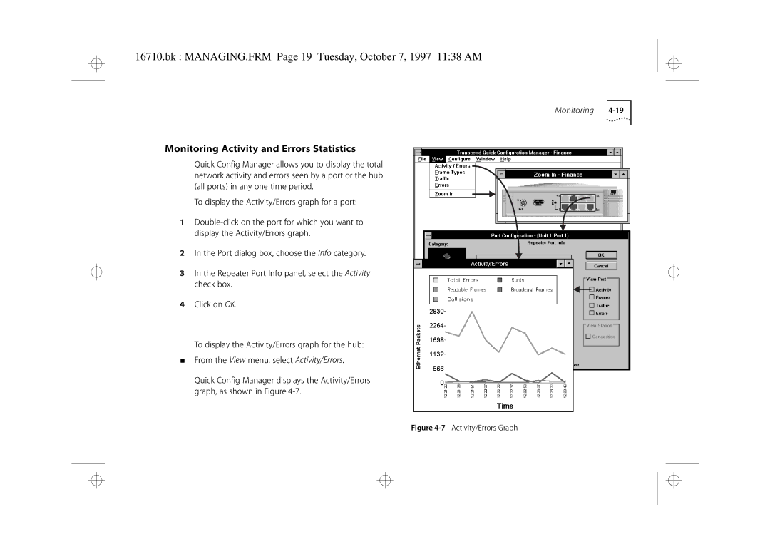 3Com 3C16710 manual Bk MANAGING.FRM Page 19 Tuesday, October 7, 1997 1138 AM, Monitoring Activity and Errors Statistics 