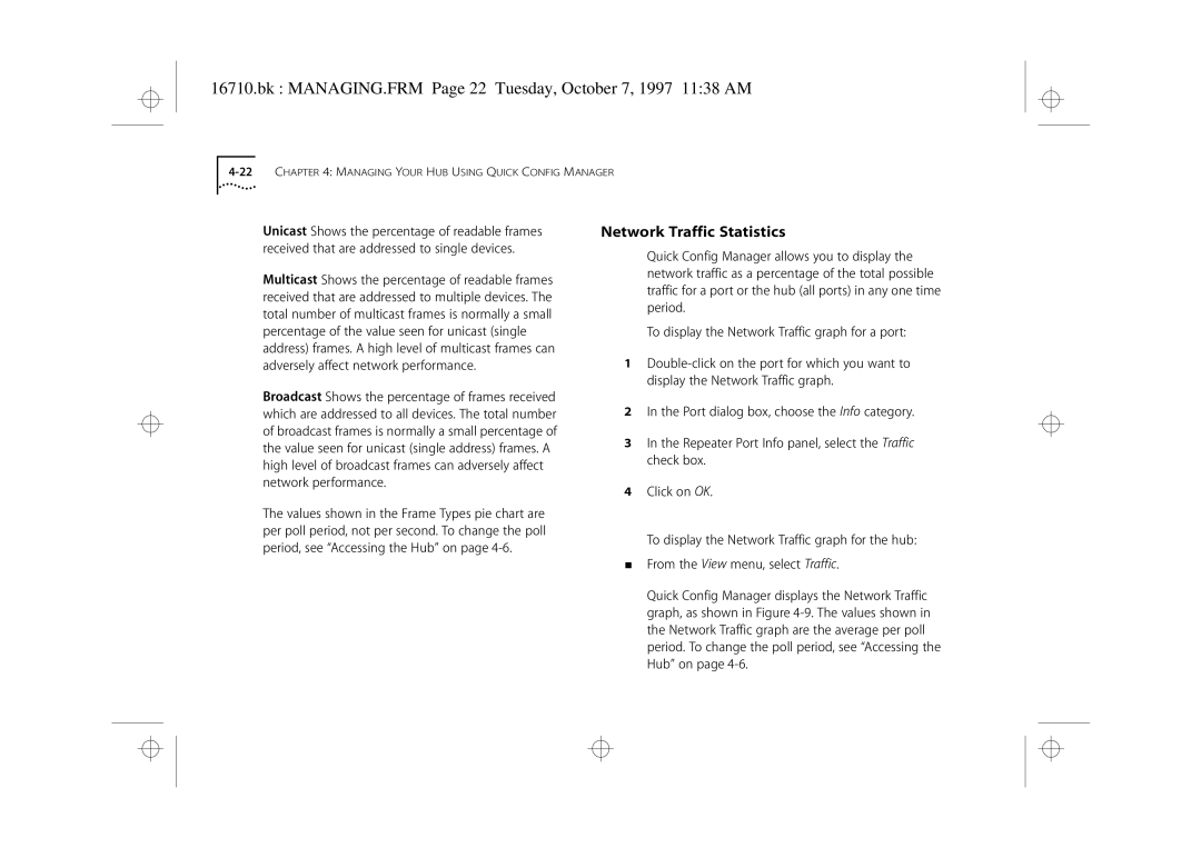 3Com 3C16710 manual Bk MANAGING.FRM Page 22 Tuesday, October 7, 1997 1138 AM, Network Traffic Statistics 