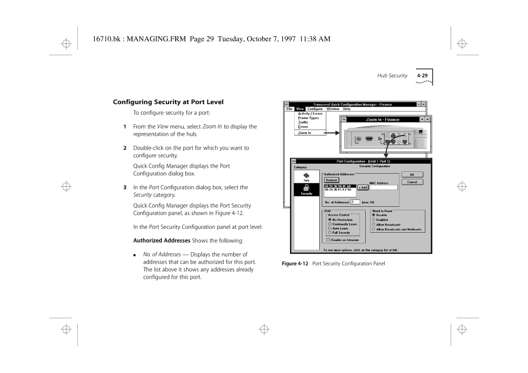 3Com 3C16710 manual Bk MANAGING.FRM Page 29 Tuesday, October 7, 1997 1138 AM, Configuring Security at Port Level 