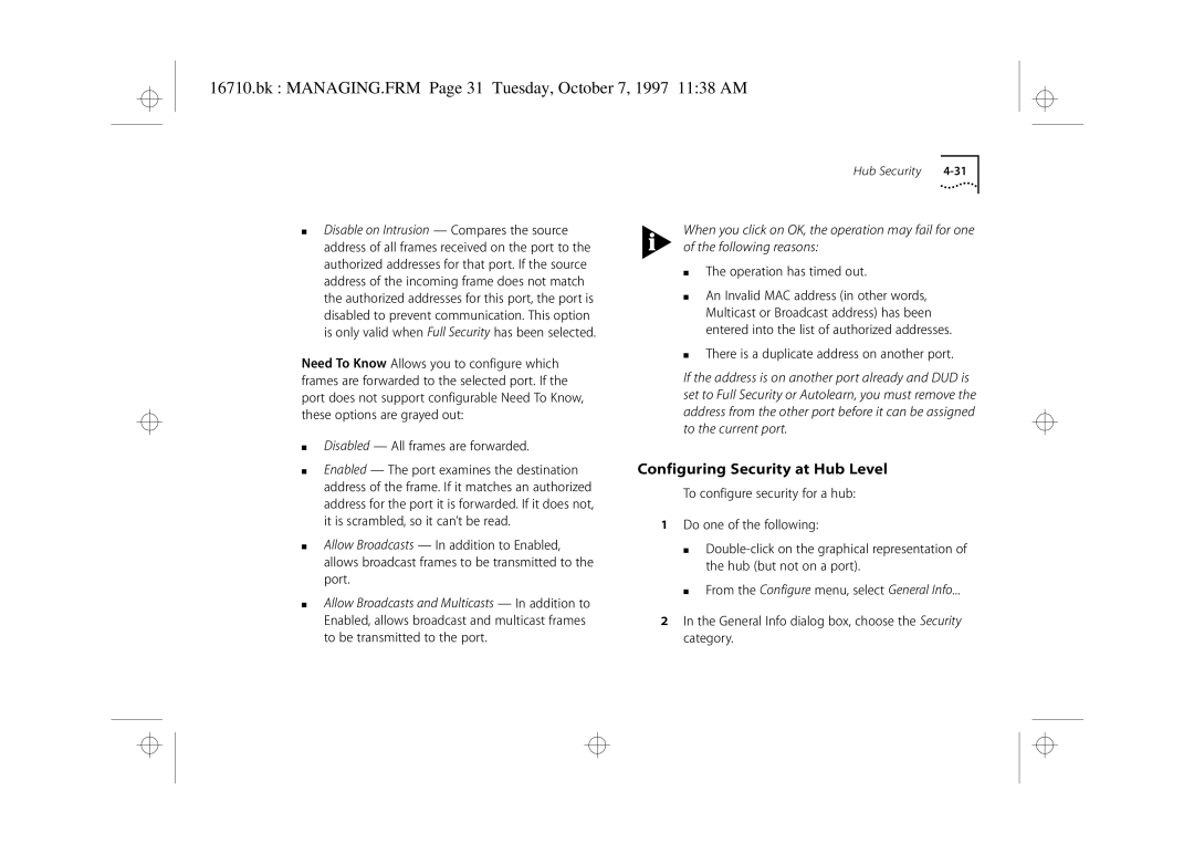 3Com 3C16710 manual Bk MANAGING.FRM Page 31 Tuesday, October 7, 1997 1138 AM, Configuring Security at Hub Level 