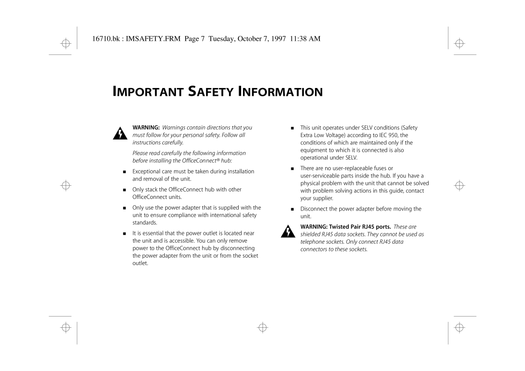 3Com 3C16710 manual Important Safety Information, Bk IMSAFETY.FRM Page 7 Tuesday, October 7, 1997 1138 AM 