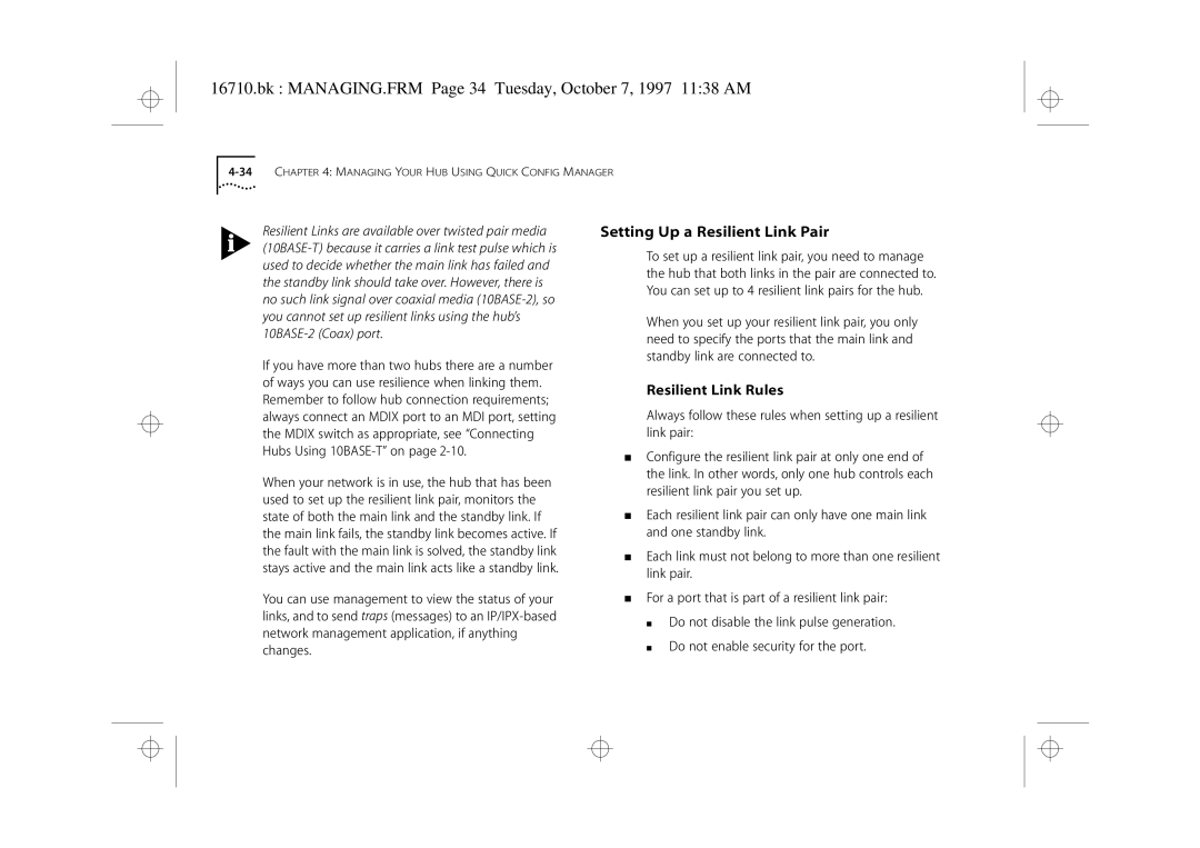 3Com 3C16710 manual Bk MANAGING.FRM Page 34 Tuesday, October 7, 1997 1138 AM, Setting Up a Resilient Link Pair 