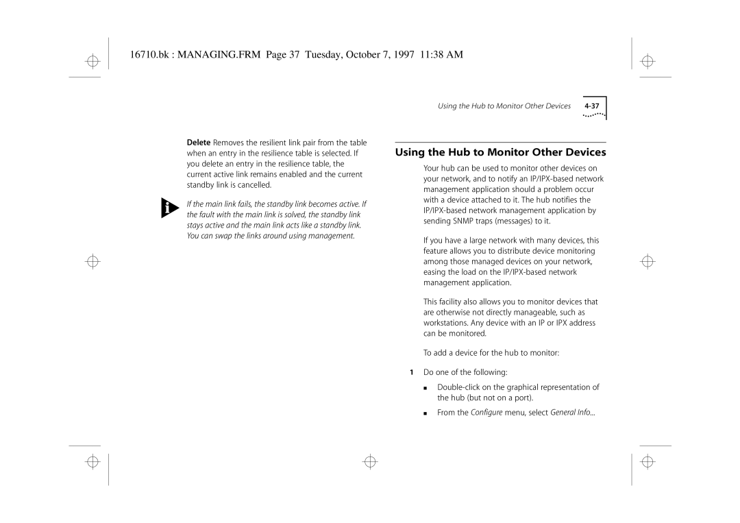 3Com 3C16710 manual Using the Hub to Monitor Other Devices, Bk MANAGING.FRM Page 37 Tuesday, October 7, 1997 1138 AM 