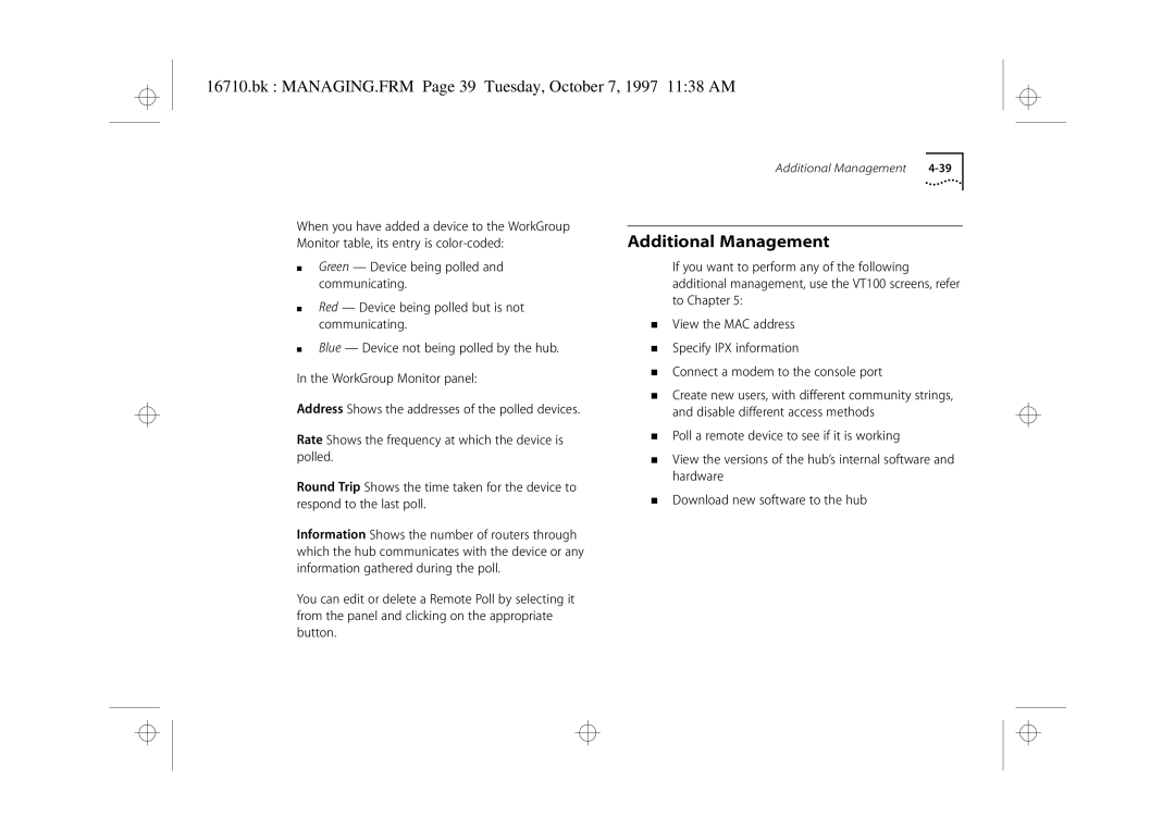 3Com 3C16710 manual Additional Management, Bk MANAGING.FRM Page 39 Tuesday, October 7, 1997 1138 AM 