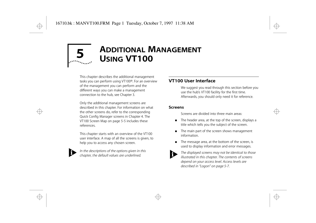 3Com 3C16710 Additional Management, VT100 User Interface, Bk MANVT100.FRM Page 1 Tuesday, October 7, 1997 1138 AM, Screens 