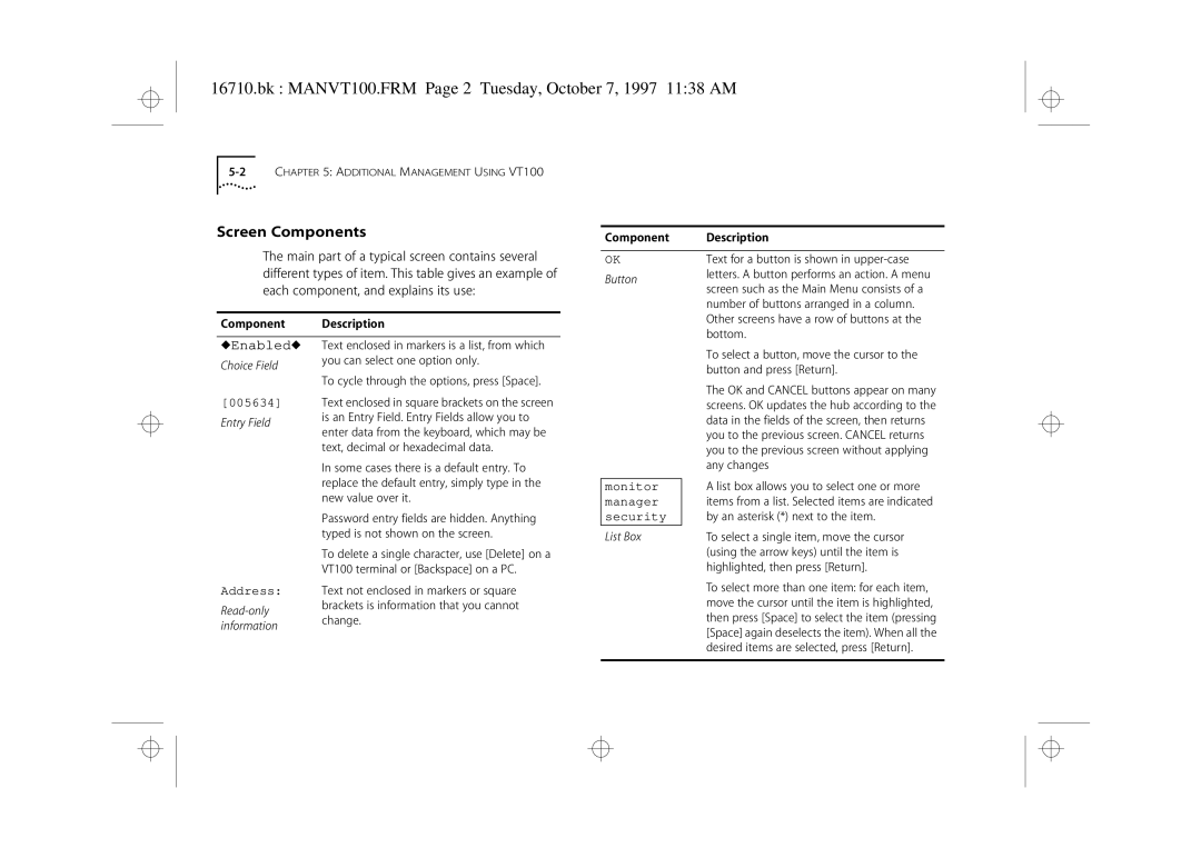 3Com 3C16710 manual Bk MANVT100.FRM Page 2 Tuesday, October 7, 1997 1138 AM, Screen Components 