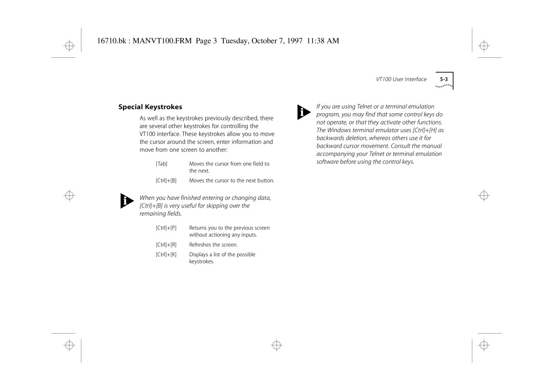 3Com 3C16710 manual Bk MANVT100.FRM Page 3 Tuesday, October 7, 1997 1138 AM, Special Keystrokes 