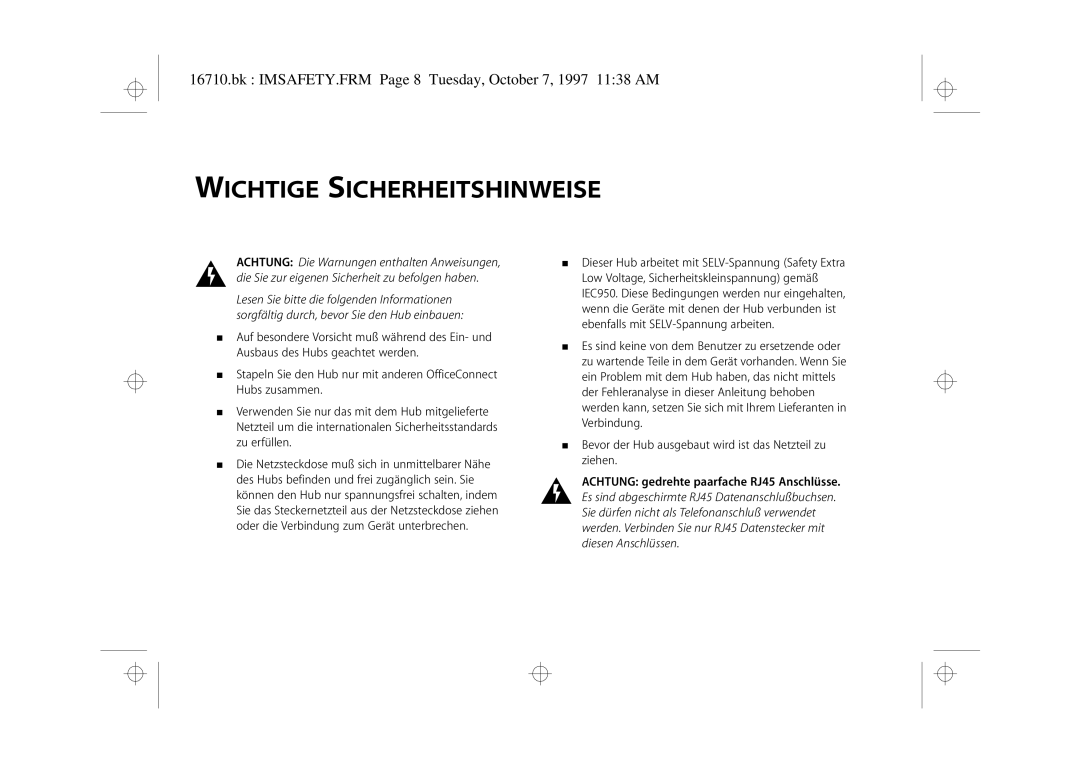 3Com 3C16710 manual Wichtige Sicherheitshinweise, Bk IMSAFETY.FRM Page 8 Tuesday, October 7, 1997 1138 AM 