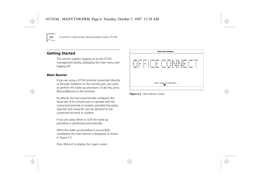 3Com 3C16710 manual Getting Started, Bk MANVT100.FRM Page 6 Tuesday, October 7, 1997 1138 AM, Main Banner 