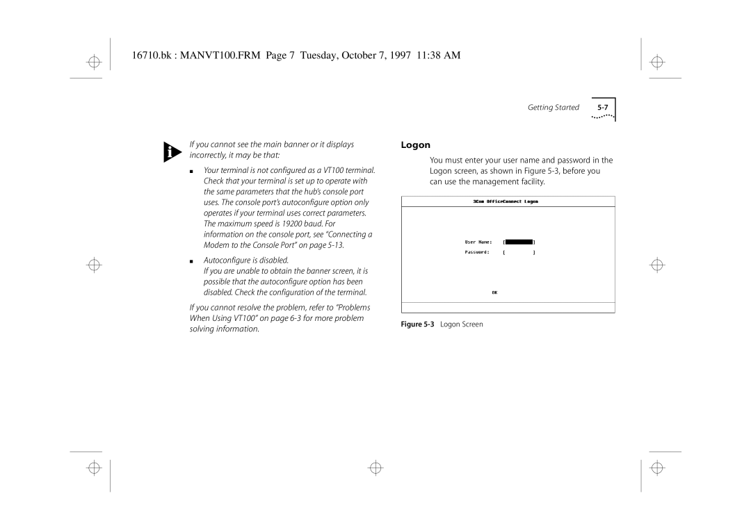 3Com 3C16710 manual Bk MANVT100.FRM Page 7 Tuesday, October 7, 1997 1138 AM, Logon 
