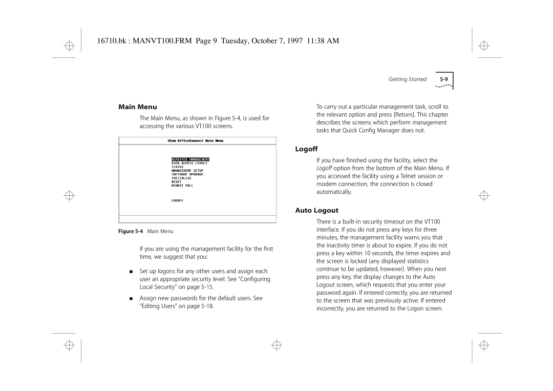 3Com 3C16710 manual Bk MANVT100.FRM Page 9 Tuesday, October 7, 1997 1138 AM, Main Menu, Logoff, Auto Logout 