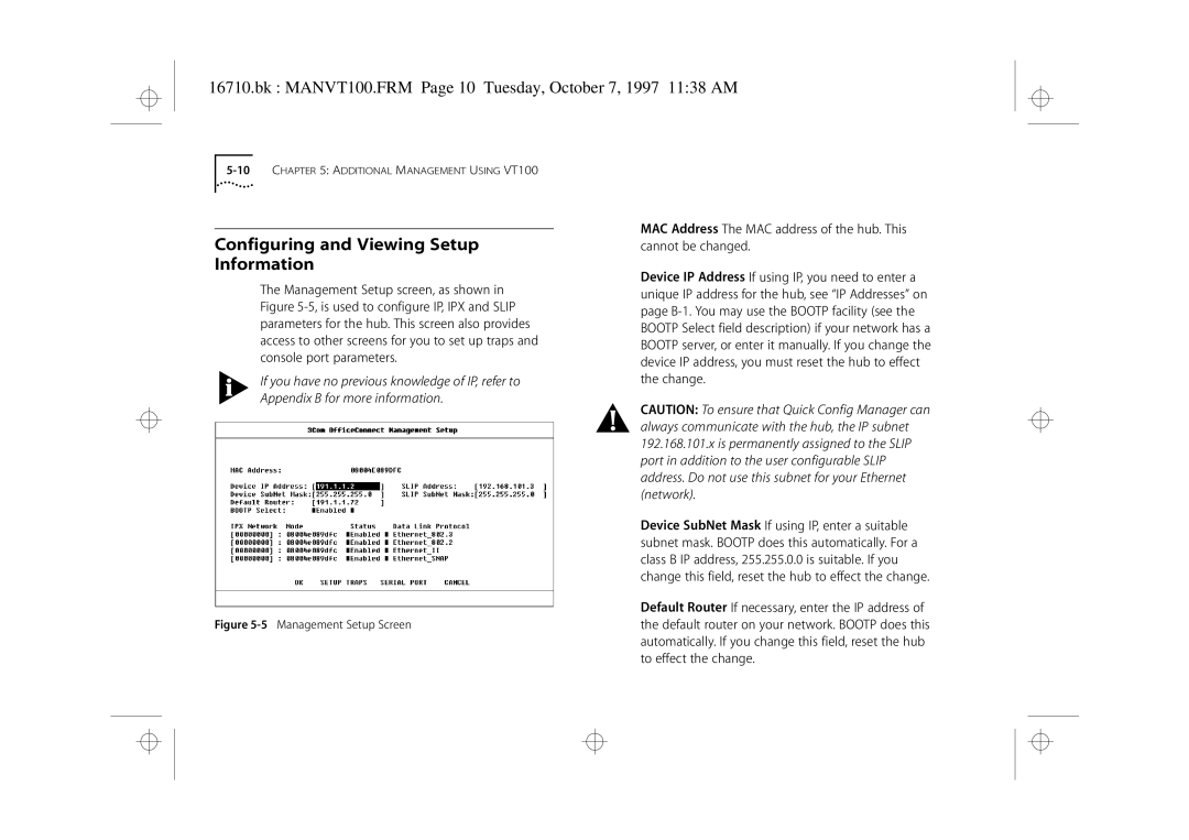 3Com 3C16710 manual Configuring and Viewing Setup Information, Bk MANVT100.FRM Page 10 Tuesday, October 7, 1997 1138 AM 