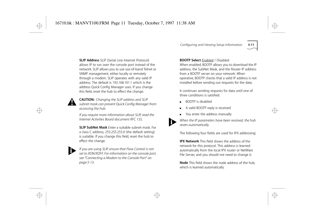 3Com 3C16710 manual Bk MANVT100.FRM Page 11 Tuesday, October 7, 1997 1138 AM, Bootp Select Enabled / Disabled 