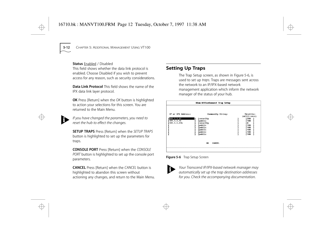 3Com 3C16710 manual Setting Up Traps, Bk MANVT100.FRM Page 12 Tuesday, October 7, 1997 1138 AM, Status Enabled / Disabled 