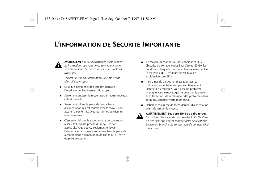 3Com 3C16710 manual ’INFORMATION DE Sécurité Importante, Bk IMSAFETY.FRM Page 9 Tuesday, October 7, 1997 1138 AM 