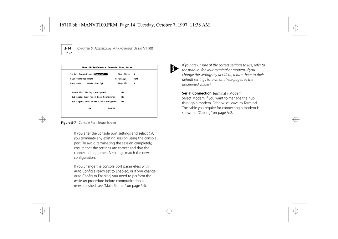 3Com 3C16710 manual Bk MANVT100.FRM Page 14 Tuesday, October 7, 1997 1138 AM, Serial Connection Terminal / Modem 