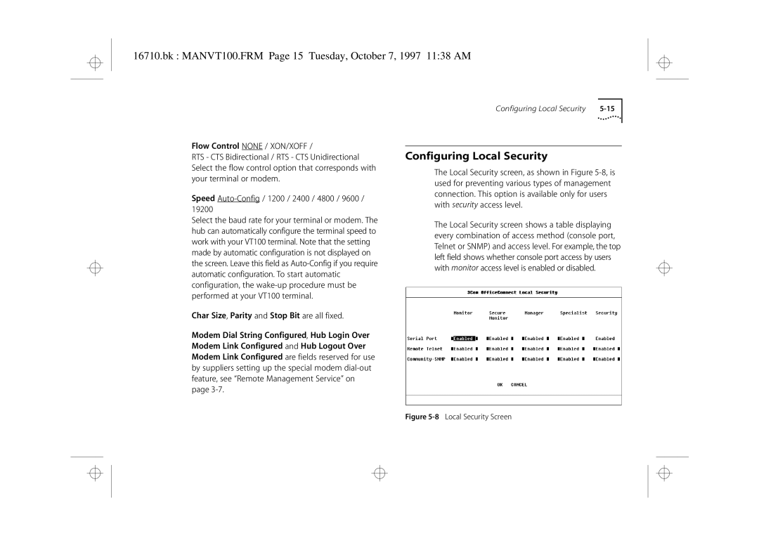 3Com 3C16710 manual Configuring Local Security, Bk MANVT100.FRM Page 15 Tuesday, October 7, 1997 1138 AM 