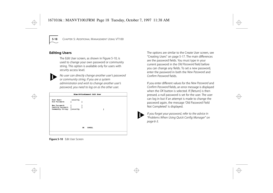 3Com 3C16710 manual Bk MANVT100.FRM Page 18 Tuesday, October 7, 1997 1138 AM, Editing Users 