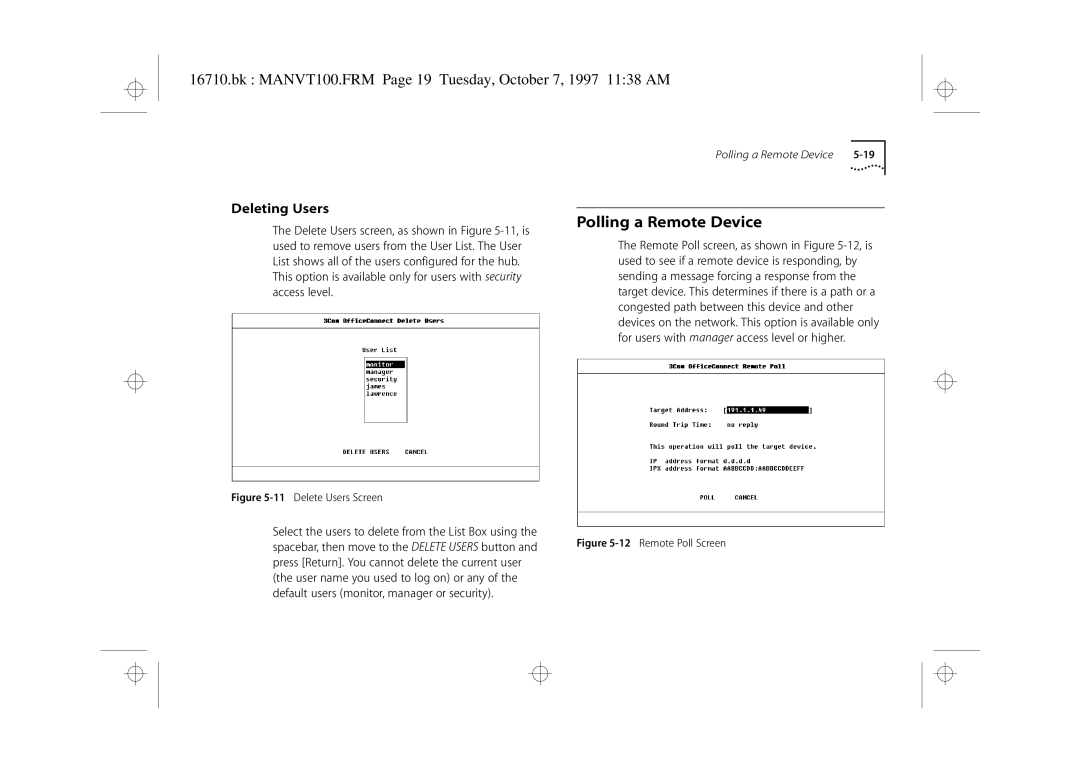 3Com 3C16710 manual Polling a Remote Device, Bk MANVT100.FRM Page 19 Tuesday, October 7, 1997 1138 AM, Deleting Users 