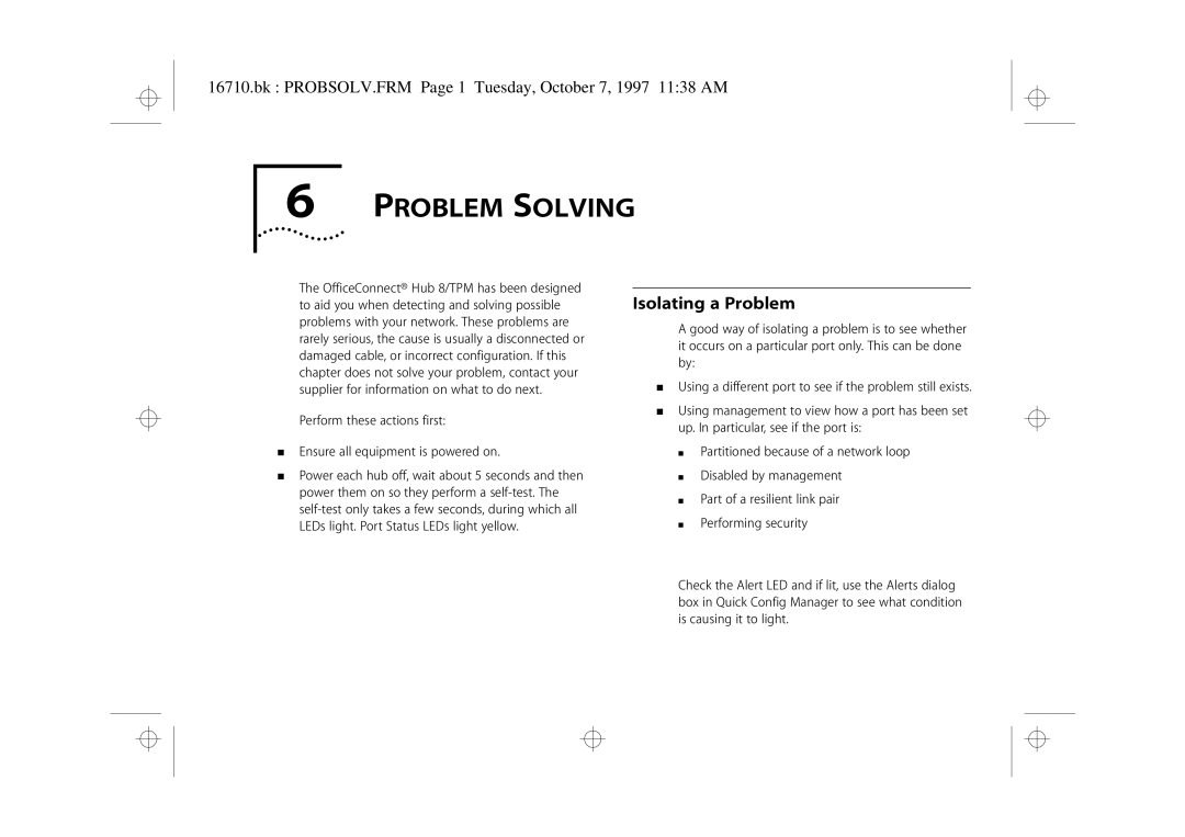 3Com 3C16710 manual Problem Solving, Isolating a Problem, Bk PROBSOLV.FRM Page 1 Tuesday, October 7, 1997 1138 AM 