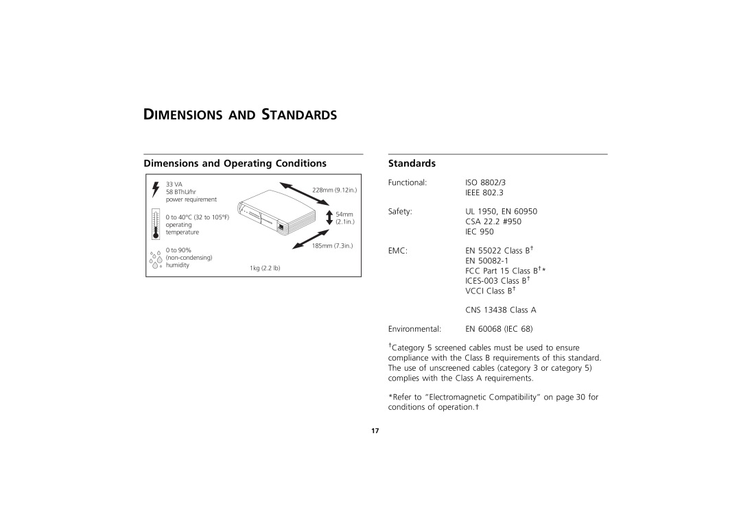 3Com 3C16751A manual Dimensions And Standards, Dimensions and Operating Conditions 