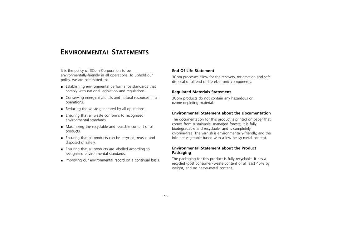 3Com 3C16751A manual Environmental Statements, End Of Life Statement, Regulated Materials Statement 