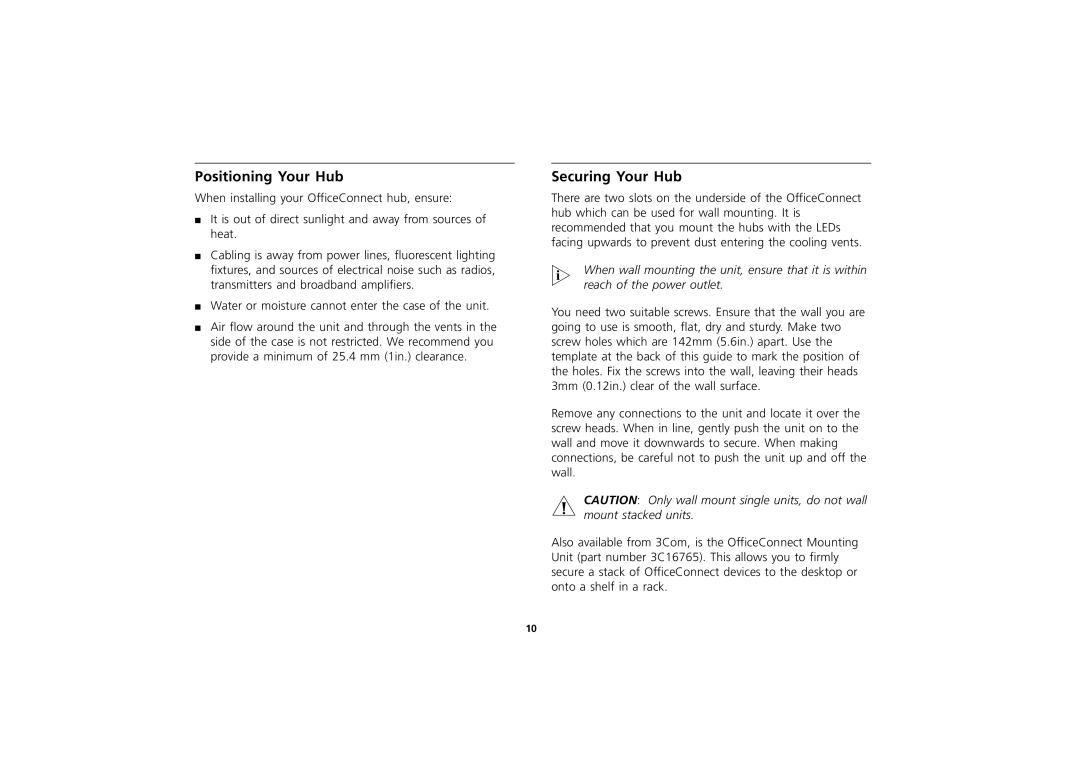 3Com 3C16751A manual Positioning Your Hub, Securing Your Hub 