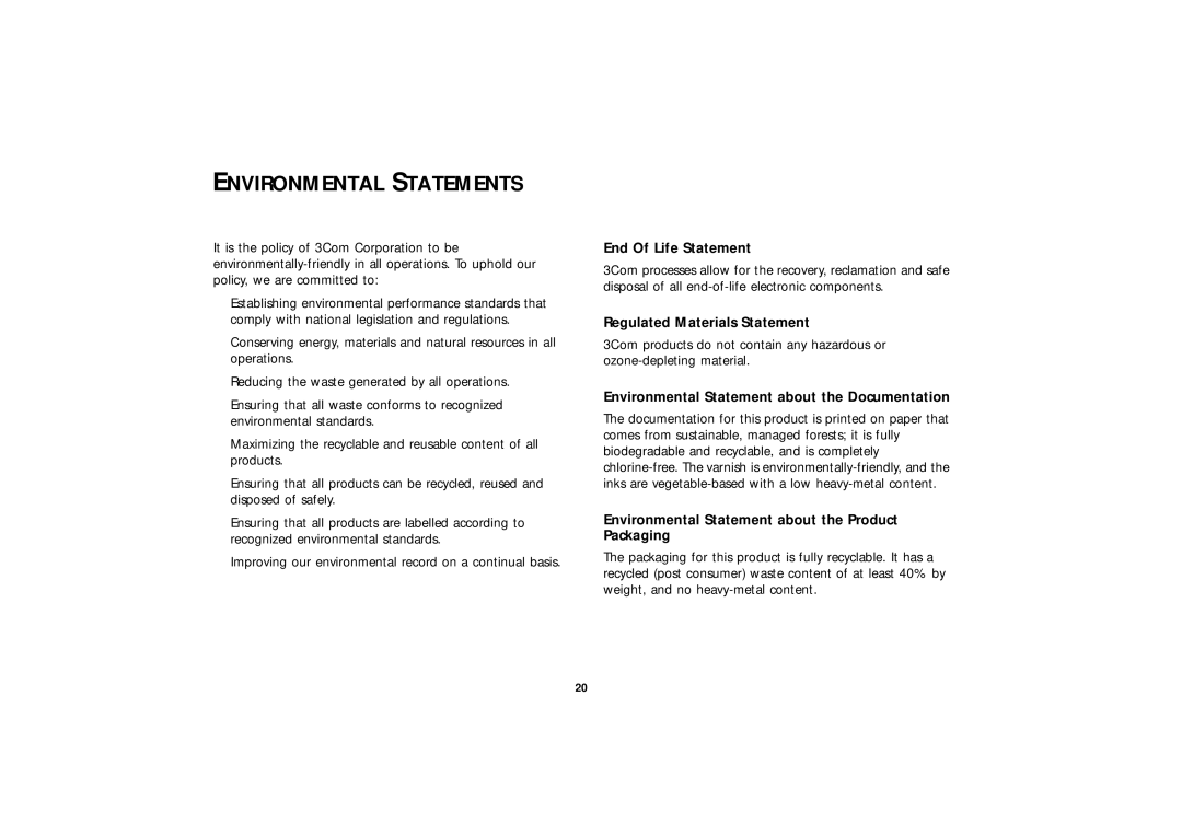 3Com 3C16790, 3C16791 manual Environmental Statements, End Of Life Statement, Regulated Materials Statement 