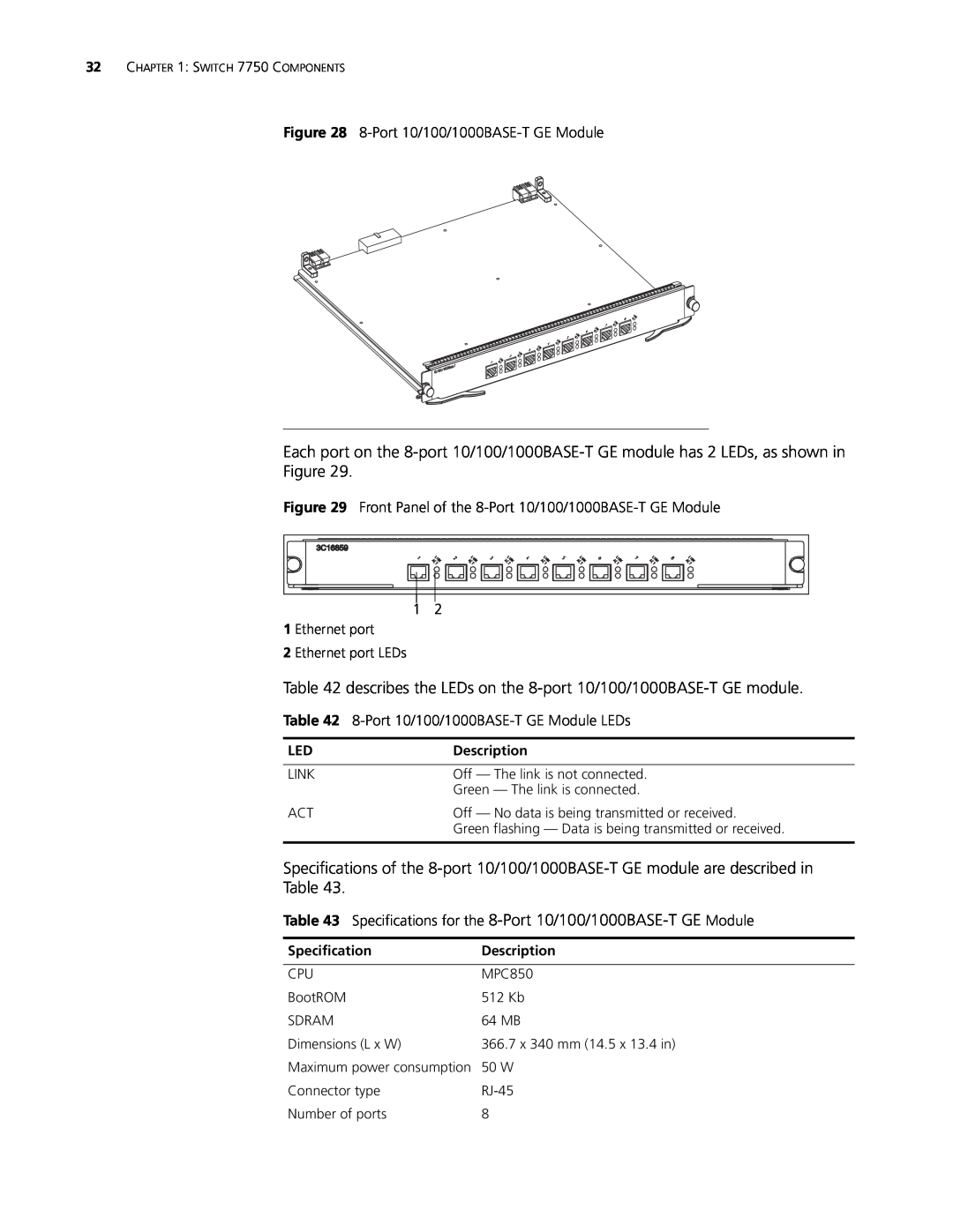 3Com 3C16895 7-slot Chassis, 3C16894 4-slot Chassis manual describes the LEDs on the 8-port 10/100/1000BASE-T GE module 