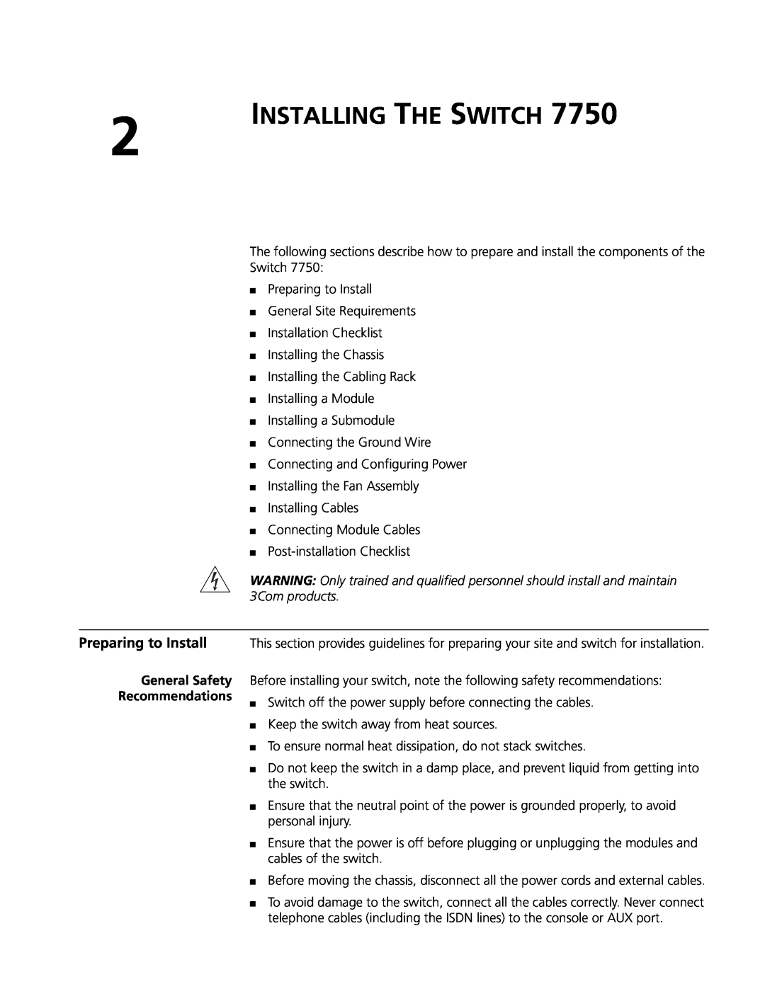 3Com 3C16894 4-slot Chassis manual Installing The Switch, Preparing to Install, General Safety Recommendations 